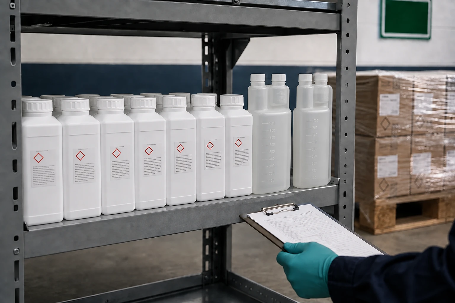 Barrier bottles and two-neck dosing containers on shelving in a controlled store