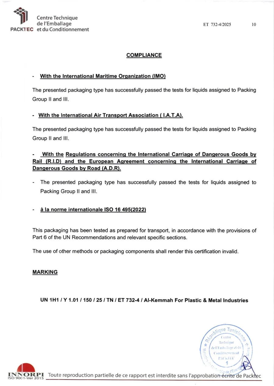 Compliance and marking page from PACKTEC test report ET 732-4/2025, stamped by the Centre Technique de l’Emballage et du Conditionnement, Tunisia.